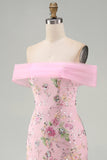 Off the Shoulder Pink Mermaid Sequin Long Prom Dress
