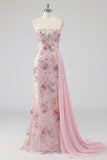 Strapless Pink Mermaid Long Sequin Prom Dress with Streamer