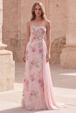 Strapless Pink Mermaid Long Sequin Prom Dress with Streamer