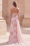 Strapless Pink Mermaid Long Sequin Prom Dress with Streamer