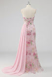 Strapless Pink Mermaid Long Sequin Prom Dress with Streamer