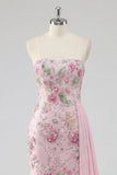Strapless Pink Mermaid Long Sequin Prom Dress with Streamer