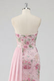 Strapless Pink Mermaid Long Sequin Prom Dress with Streamer