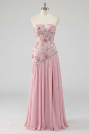 Strapless Pink Sequins A-Line Floral Long Prom Dress with Slit