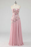 Strapless Pink Sequins A-Line Floral Long Prom Dress with Slit