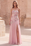 Strapless Pink Sequins A-Line Floral Long Prom Dress with Slit