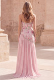Strapless Pink Sequins A-Line Floral Long Prom Dress with Slit