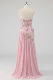 Strapless Pink Sequins A-Line Floral Long Prom Dress with Slit