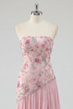 Strapless Pink Sequins A-Line Floral Long Prom Dress with Slit