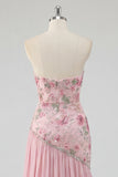 Strapless Pink Sequins A-Line Floral Long Prom Dress with Slit