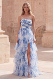 White Blue Flower Strapless A-Line Tiered Ruffle Long Prom Dress with Slit