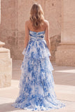 White Blue Flower Strapless A-Line Tiered Ruffle Long Prom Dress with Slit
