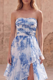 White Blue Flower Strapless A-Line Tiered Ruffle Long Prom Dress with Slit
