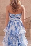 White Blue Flower Strapless A-Line Tiered Ruffle Long Prom Dress with Slit