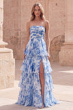 Strapless A-Line White Blue Flower Tiered Long Prom Dress with Slit