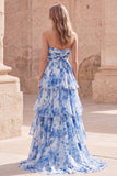 Strapless A-Line White Blue Flower Tiered Long Prom Dress with Slit