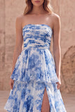 Strapless A-Line White Blue Flower Tiered Long Prom Dress with Slit