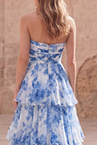 Strapless A-Line White Blue Flower Tiered Long Prom Dress with Slit