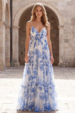 White Blue Flower Chiffon A-Line Spaghetti Straps Long Prom Dress