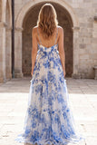 White Blue Flower Chiffon A-Line Spaghetti Straps Long Prom Dress