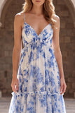 White Blue Flower Chiffon A-Line Spaghetti Straps Long Prom Dress