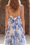 White Blue Flower Chiffon A-Line Spaghetti Straps Long Prom Dress