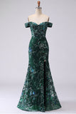 Sparkly Dark Green Mermaid Off the Shoulder Sequin Long Prom Dress with Slit