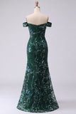 Sparkly Dark Green Mermaid Off the Shoulder Sequin Long Prom Dress with Slit