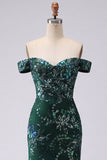 Sparkly Dark Green Mermaid Off the Shoulder Sequin Long Prom Dress with Slit