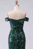 Sparkly Dark Green Mermaid Off the Shoulder Sequin Long Prom Dress with Slit