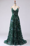 Sparkly A-Line Dark Green Spaghetti Straps Sequin Long Prom Dress