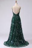 Sparkly A-Line Dark Green Spaghetti Straps Sequin Long Prom Dress
