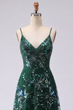 Sparkly A-Line Dark Green Spaghetti Straps Sequin Long Prom Dress