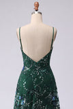 Sparkly A-Line Dark Green Spaghetti Straps Sequin Long Prom Dress