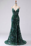 Sparkly Dark Green Mermaid Spaghetti Straps Sequin Long Prom Dress with Slit