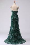 Sparkly Dark Green Mermaid Spaghetti Straps Sequin Long Prom Dress with Slit
