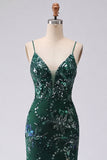 Sparkly Dark Green Mermaid Spaghetti Straps Sequin Long Prom Dress with Slit