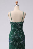 Sparkly Dark Green Mermaid Spaghetti Straps Sequin Long Prom Dress with Slit