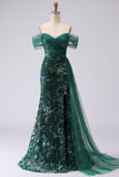 Dark Green Off the Shoulder Mermaid Sequin Long Prom Dress with Slit