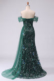 Dark Green Off the Shoulder Mermaid Sequin Long Prom Dress with Slit