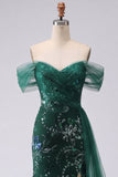 Dark Green Off the Shoulder Mermaid Sequin Long Prom Dress with Slit
