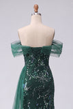 Dark Green Off the Shoulder Mermaid Sequin Long Prom Dress with Slit