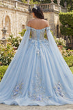 Off The Shoulder Sky Blue Ball Gown Quinceanera Dress with 3D Flowers