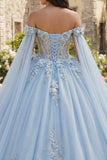 Off The Shoulder Sky Blue Ball Gown Quinceanera Dress with 3D Flowers