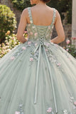 Square Neck Dusty Sage Floral Appliqued Quinceanera Dress