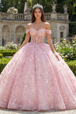 Pink Off the Shoulder Corset Appliqued Ball Gown Quinceanera Dress