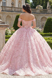 Pink Off the Shoulder Corset Appliqued Ball Gown Quinceanera Dress