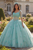 Light Green Ball Gown Half Sleeve Corset 3D Flower Quinceanera Dress