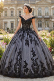 Off The Shoulder Black Ball Gown Appliqued Quinceanera Dress