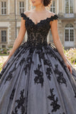 Off The Shoulder Black Ball Gown Appliqued Quinceanera Dress